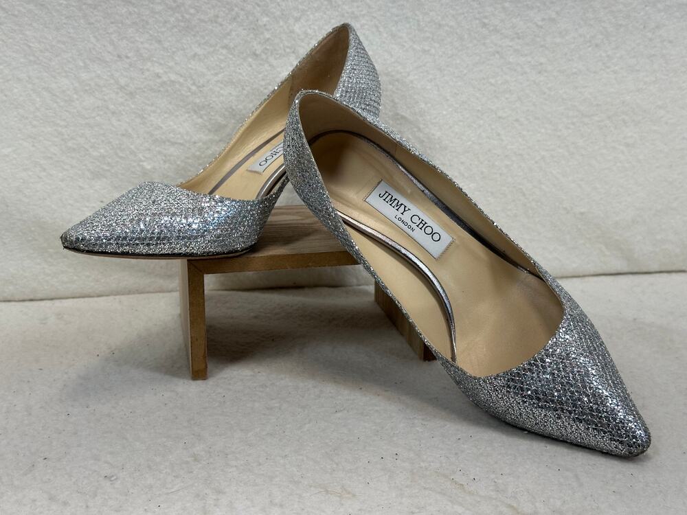 Jimmy Choo Romy Silver Glitter SZ 40/ US 10 Women's 2.4 Inch Heels Glam